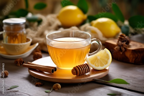 A close-up shot of a soothing cup of honey lemon ginger tea, with visible ingredients floating, perfect for a cold winter's day
