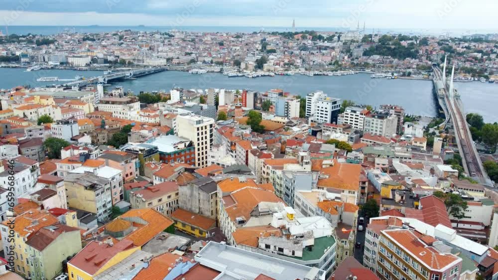 Drone View of Istanbul, Bosphorus. Aerial view of Istanbul's old city. Districts of Karakoy and Eminonu from above and historical surroundings of Ottoman Empire with bridges on waterway Drone View of Istanbul, Bosphorus. Aerial view of Istanbul's old city. Districts of Karakoy and Eminonu from above and historical surroundings of Ottoman Empire with bridges on waterway