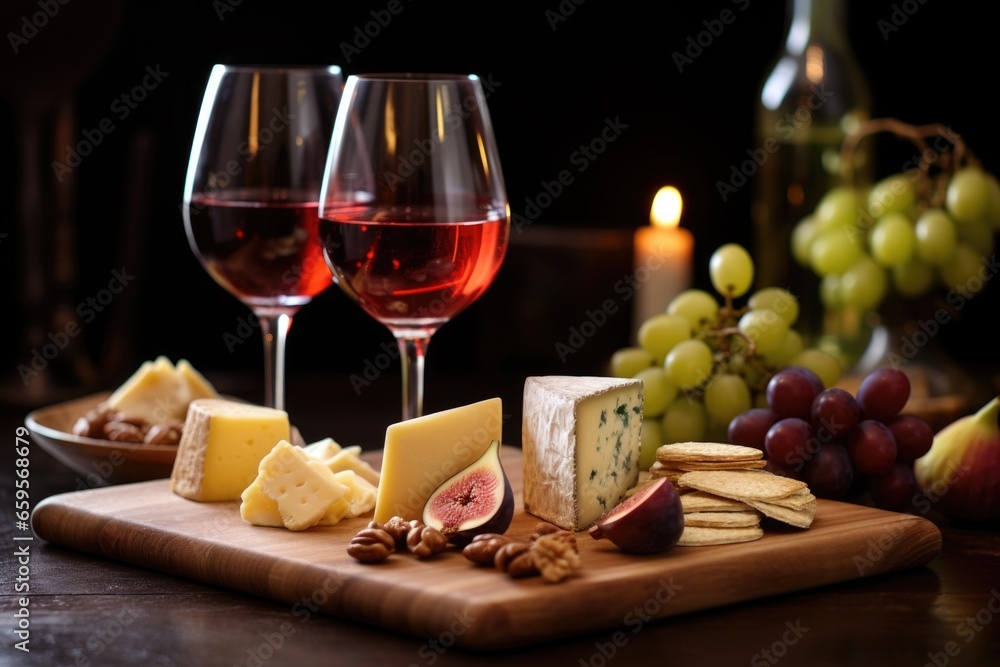 wine glasses next to a cheese board
