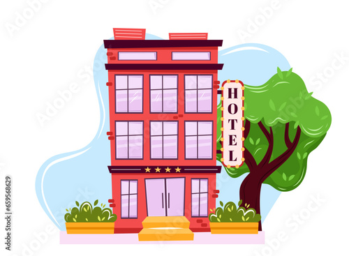 Small 3 floor hotel exterior with five stars, green tree and bushes.  Red brick modern hotel building. Vector illustration in flat style.