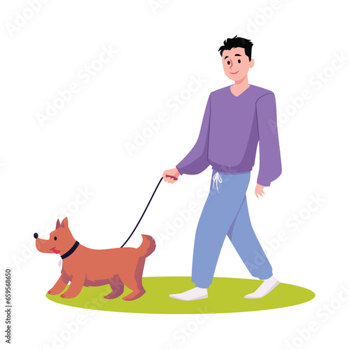 Young man walk with dog on a leash, brown domestic fluffy doggy, vector best friend pet, owner and home animal relation