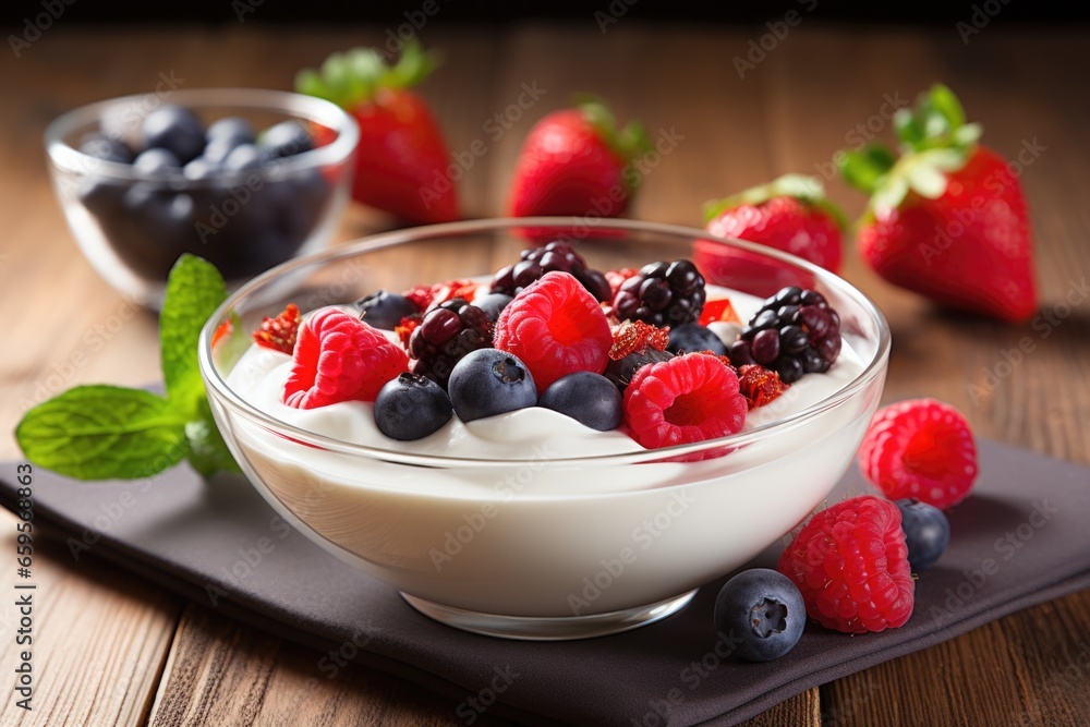 low-fat yogurt with mixed berries in a bowl low-fat yogurt with mixed berries in a bowl
