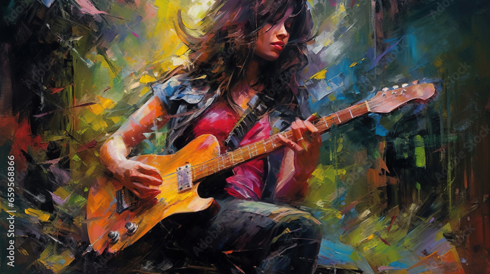 Stunning Oil Painting Liquid Art of A Beautiful Woman Guitar Player on The Canvas Abstract Background - obrazy, fototapety, plakaty 