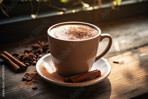 A warm cup of oat milk mocha garnished with cocoa powder, sitting on a rustic wooden table, bathed in the soft, morning sunlight
