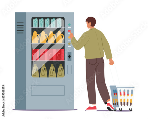 Man Inserts Coins Into The Vending Machine At The Public Launderette, Selecting Detergent With A Determined Look