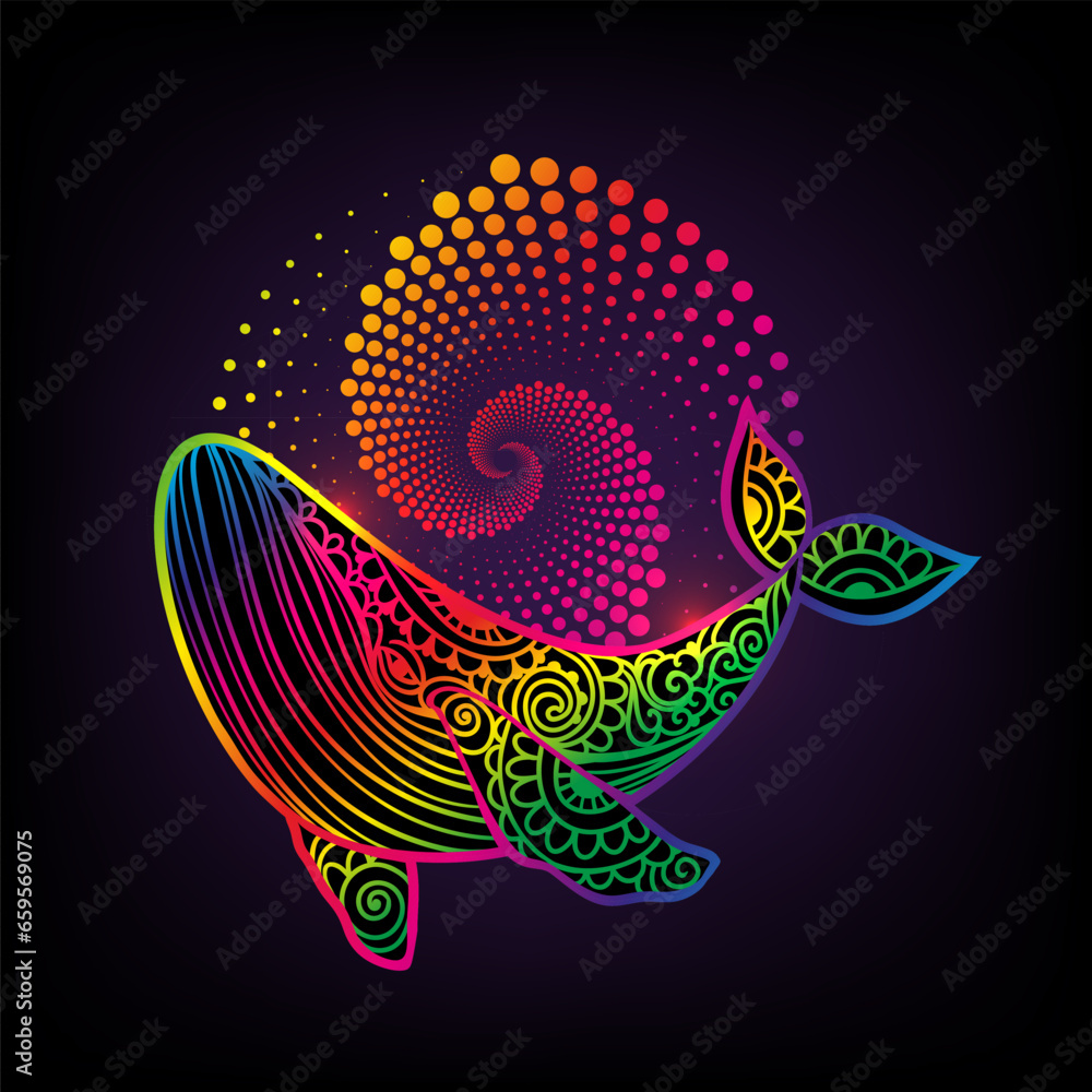 Whale mandala colored. Vector illustration. Adult coloring page. Whale