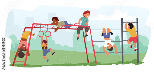 Kids Characters Gleefully Dangle From The Monkey Bars, Their Laughter Filling The Air As They Swing, Climb, And Conquer