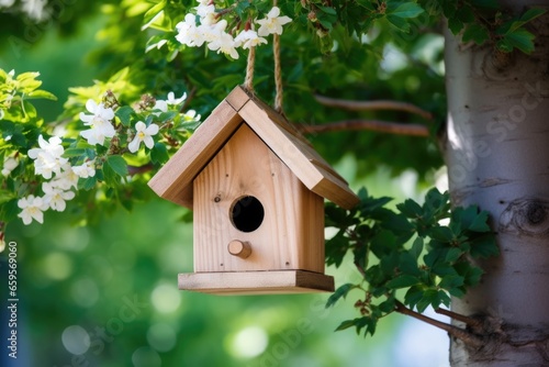 classic wooden birdhouse hanging from a tree