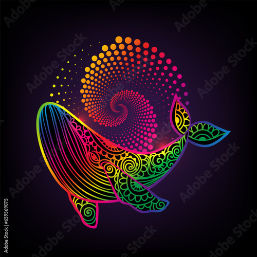 Whale mandala colored. Vector illustration. Adult coloring page. Whale sea animal in Zen boho style. Peaceful marine. Mystical psychedelic art, Optical illusion