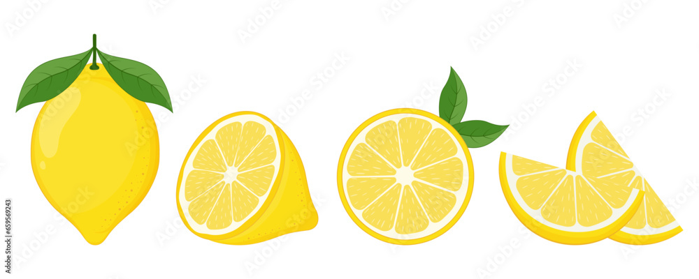 Fresh lemon fruit. Collection of lemon vector icons isolated on white background. Vector illustration