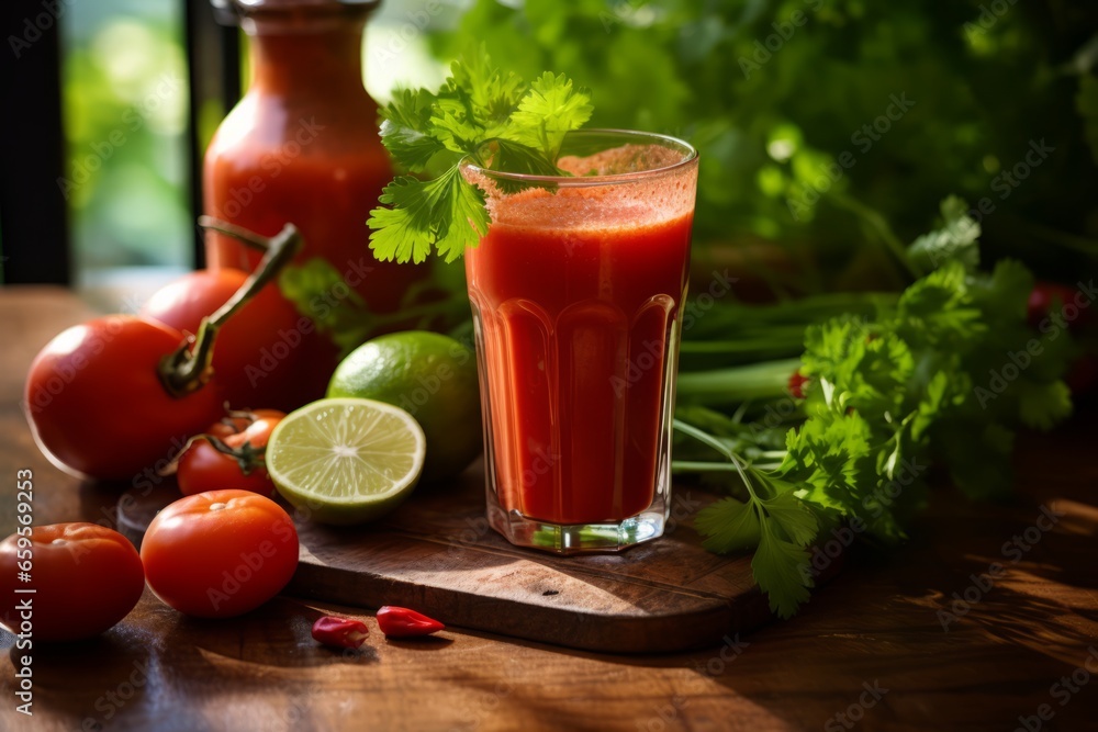 A Refreshing Glass of Tomato Cilantro Juice Sits on a Rustic Wooden Table, Illuminated by the Warm Morning Sunlight A Refreshing Glass of Tomato Cilantro Juice Sits on a Rustic Wooden Table, Illuminated by the Warm Morning Sunlight