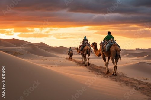 man riding through the desert with two camels, gobi desert,