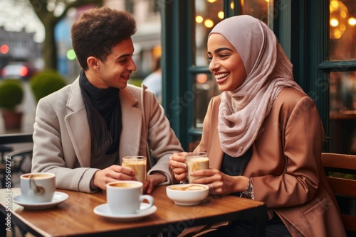 young muslim friends laughing over coffee