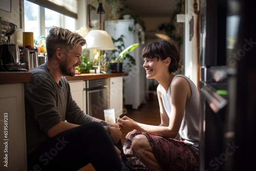 young woman amputee drinking coffee, talking with boyfriend on kitchen floor
