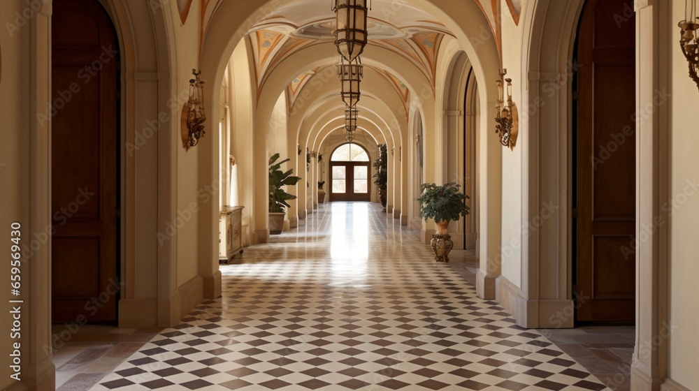 Grace your hallway with elegance, complete with arched doorways and mosaic tile flooring.