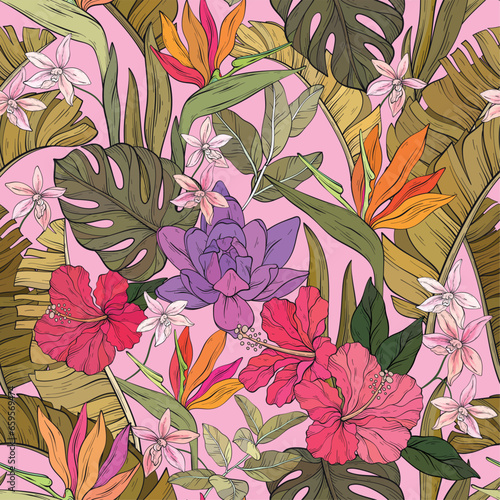 tropical pattern with various flowers