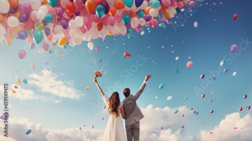 A bride and groom releasing colorful balloons into the sky