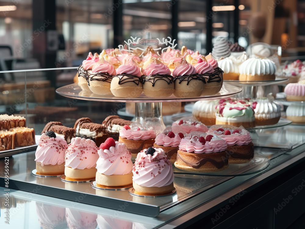 Showcase with various cakes in a pastry shop