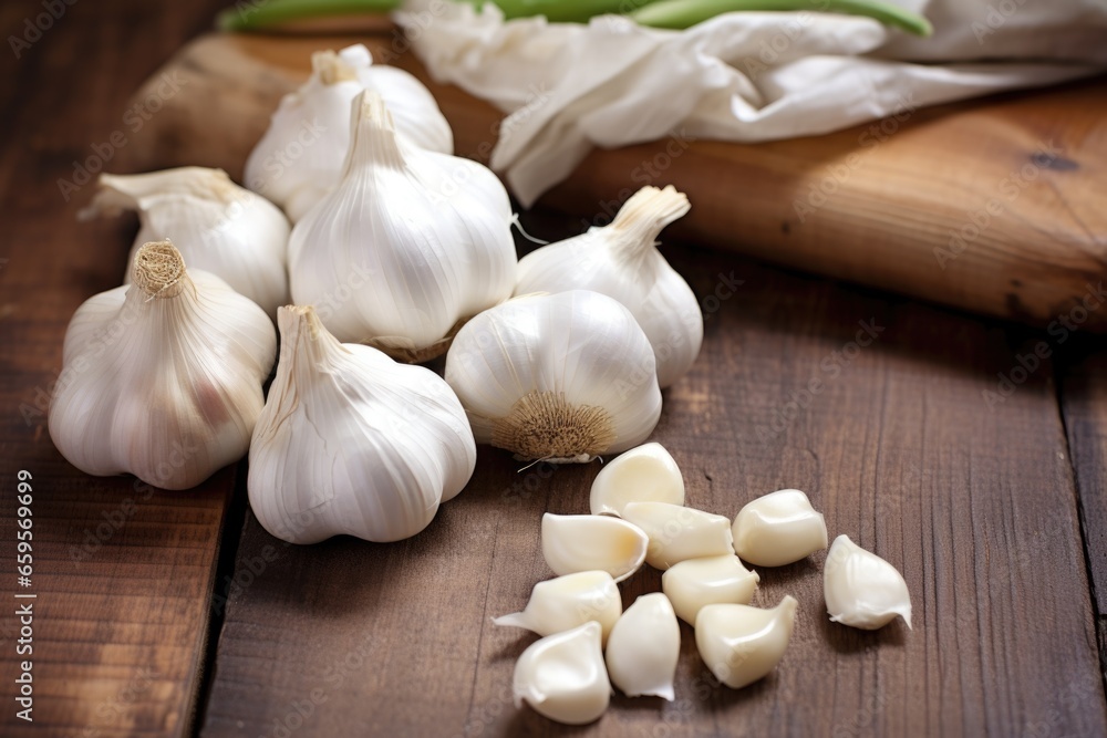 garlic bulbs clustered on a wooden table garlic bulbs clustered on a wooden table