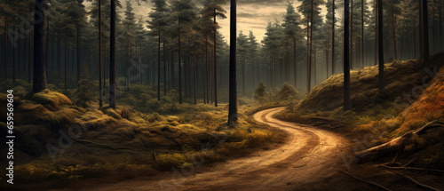 A winding dirt forest road. photo