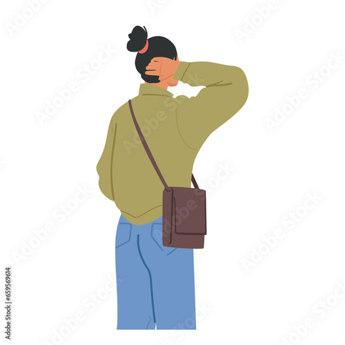 Woman Stands, Her Hand Raised, Scratching Her Head With A Puzzled Expression, Seen From Behind, Vector Illustration