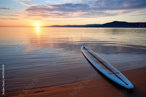 a paddleboard resting on a sandy beach at sunrise