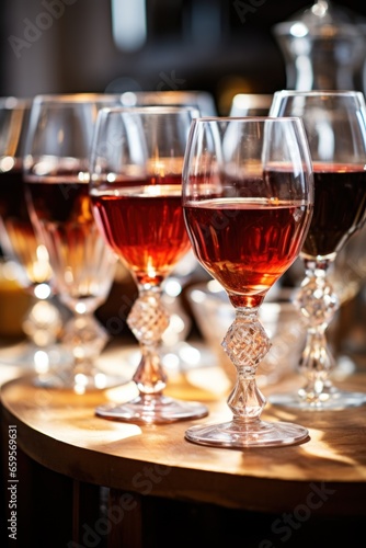 assorted glasses filled with red wine on a table