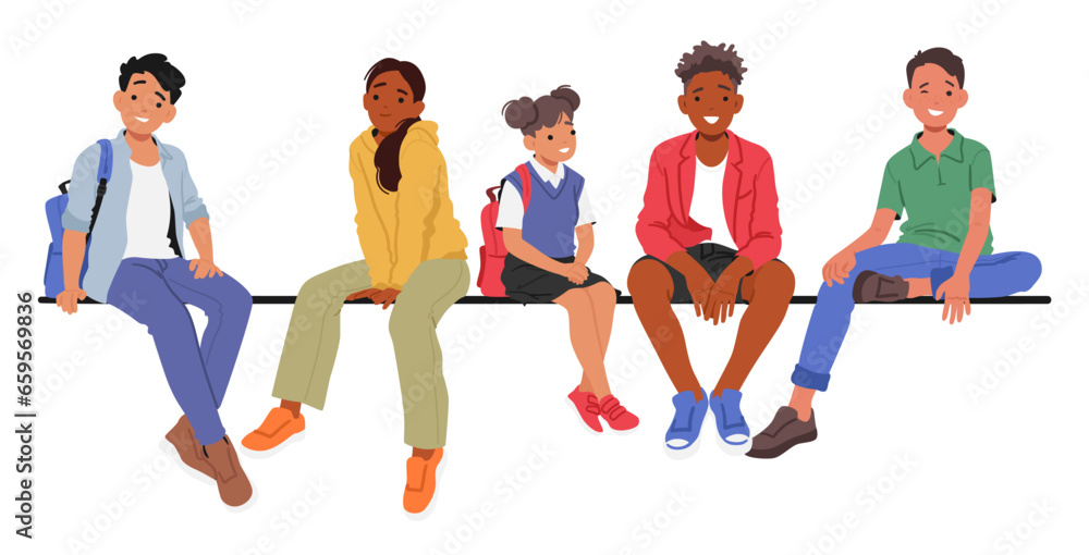 Joyful Diverse Children Sitting Closely Together On A Parapet Or Bench, Sharing Laughter And Friendship, Vector - obrazy, fototapety, plakaty 