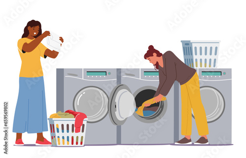 Female Characters In Self-service Public Launderette. Women Efficiently Wash And Dry Their Clothes, Sharing Smiles