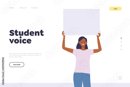 Student voice landing page with young woman with banner participating in public protest or march