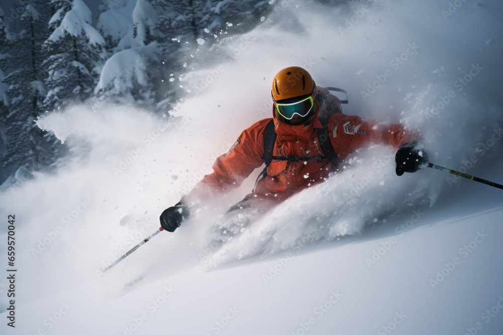 man skiing in deep powder snow, gosau, gmunden,