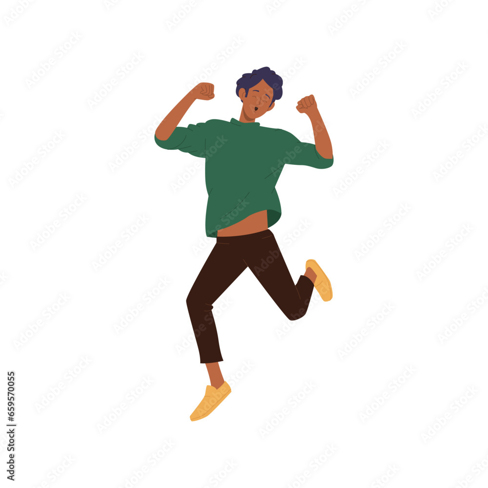 Happy overjoyed young man cartoon character rejoicing achievement and victory jumping in air Happy overjoyed young man cartoon character rejoicing achievement and victory jumping in air