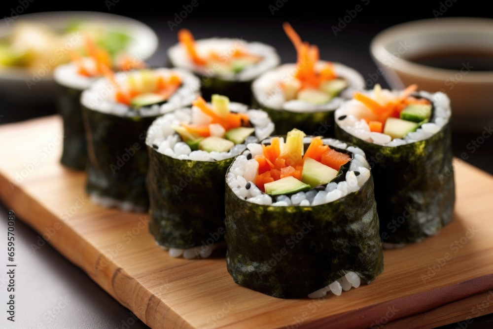 close-up of a dish of vegetarian sushi rolls close-up of a dish of vegetarian sushi rolls