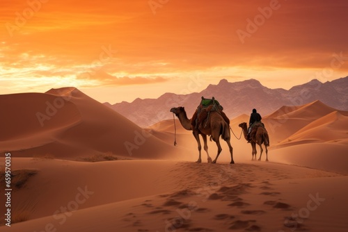 man riding through the desert with two camels, gobi desert,