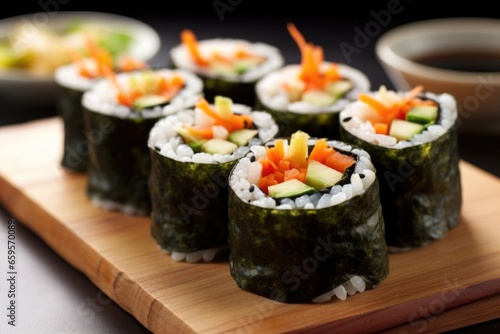 close-up of a dish of vegetarian sushi rolls