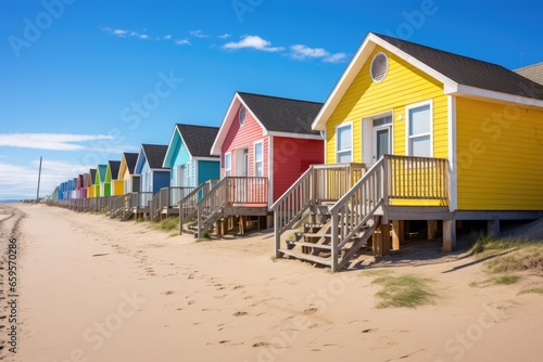 a row of colorful beachfront second homes © altitudevisual