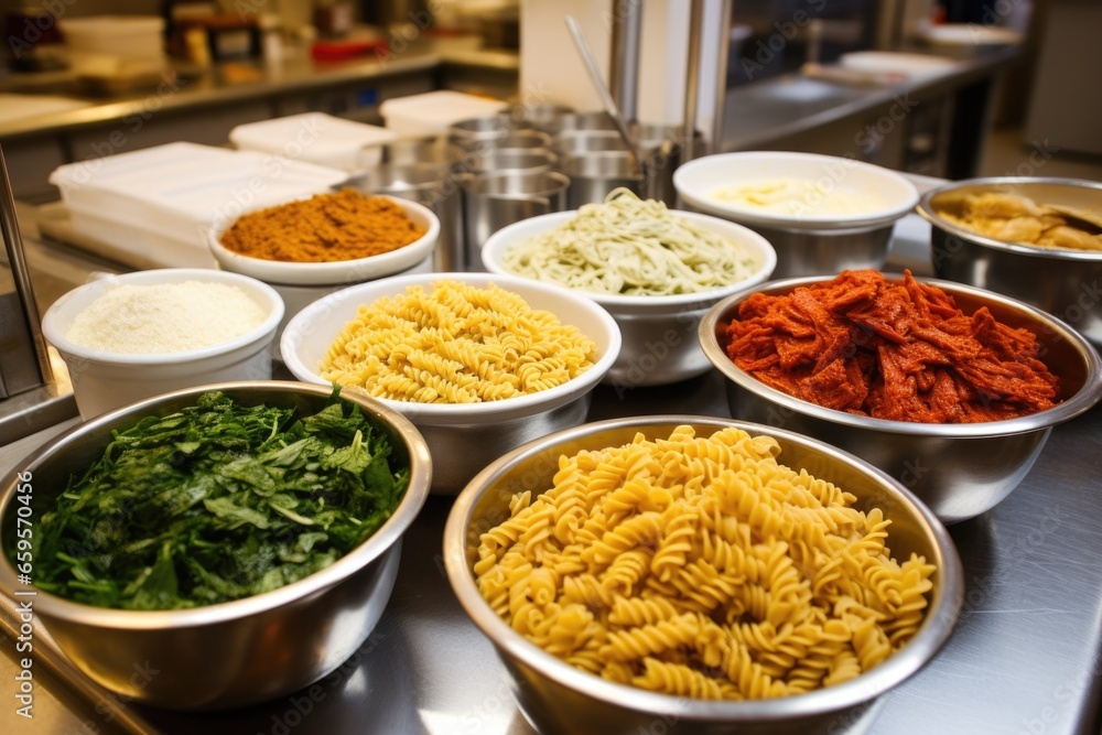 large bowls with pasta and sauce choices on a canteen counter large bowls with pasta and sauce choices on a canteen counter
