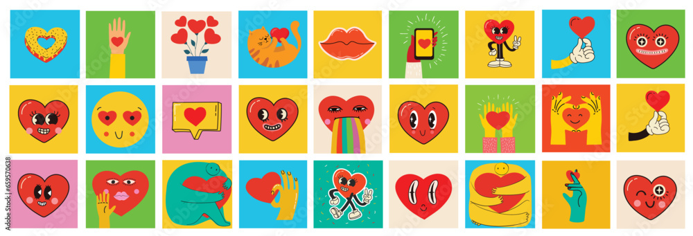 Groovy lovely hearts stickers. Love concept. Happy Valentines day. Funky happy heart character in trendy retro 60s 70s cartoon style. Vector illustration in red colors.