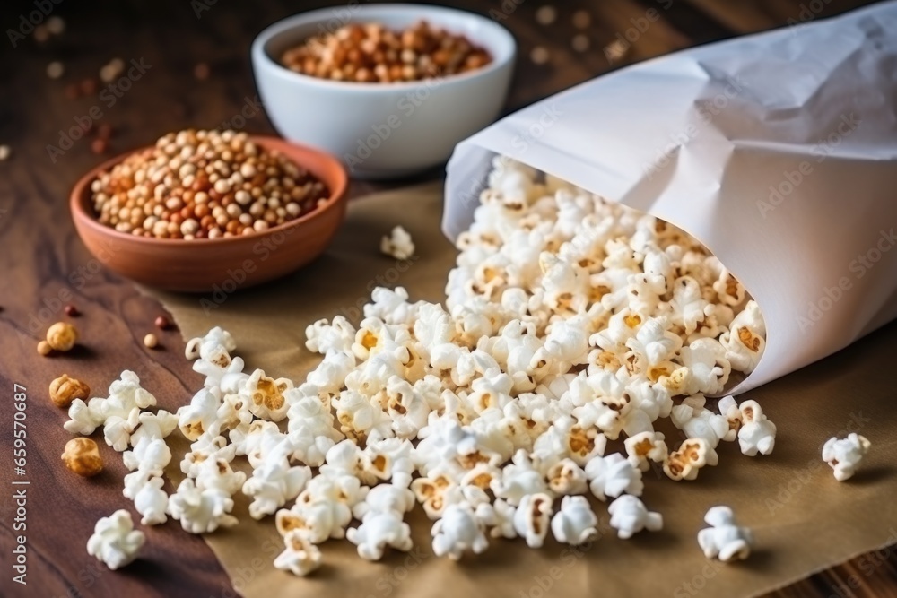 popcorn kernels and popped popcorn on some parchment paper popcorn kernels and popped popcorn on some parchment paper