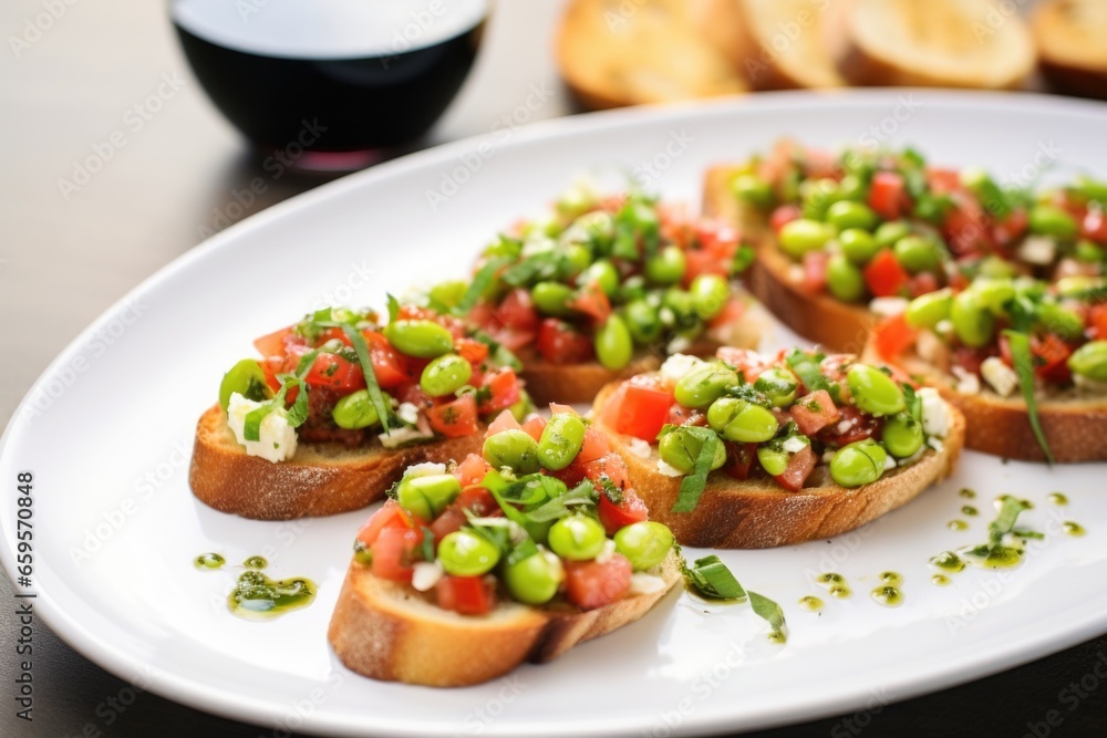 bruschetta set on a white plate, edamame scattered around bruschetta set on a white plate, edamame scattered around