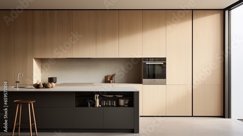 A minimalist kitchen with seamlessly integrated appliances and clever concealed storage.