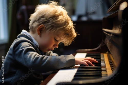sad boy (6-7) leaning on piano