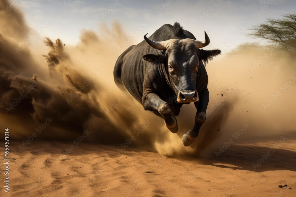 bull charging with a cloud of dust behind - obrazy, fototapety, plakaty 