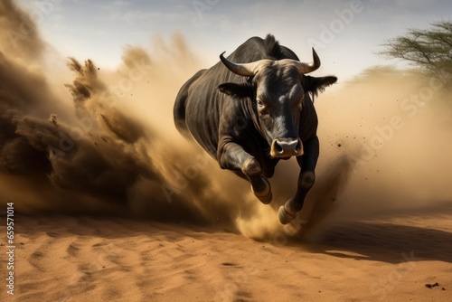 bull charging with a cloud of dust behind