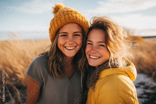 smiling friends in hat standing outdoors