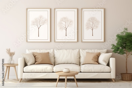 Beige sofa in the living room with white wall and three mock up posters