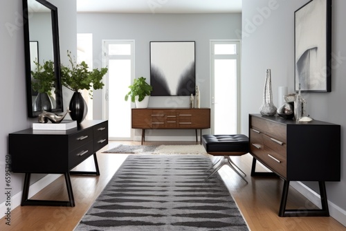 modern entryway with sleek black furniture and gray rug