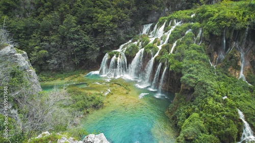 Waterfall in Plitvice Lakes in Croatia. A cascade of 16 lakes connected by waterfalls and a limestone canyon. Clear spring waters.