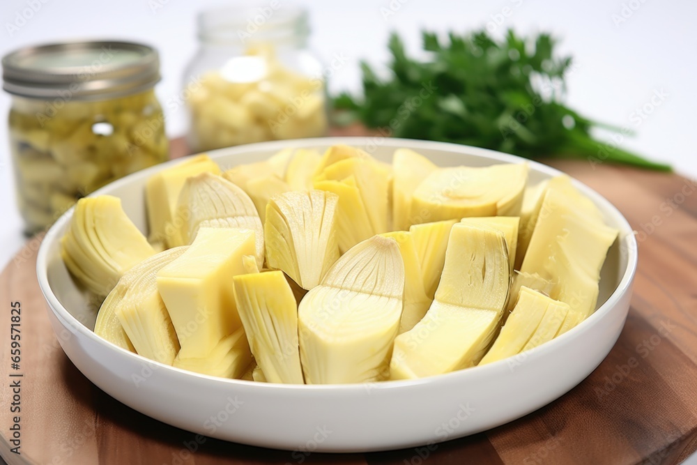 sliced canned artichoke hearts arranged in a white bowl sliced canned artichoke hearts arranged in a white bowl