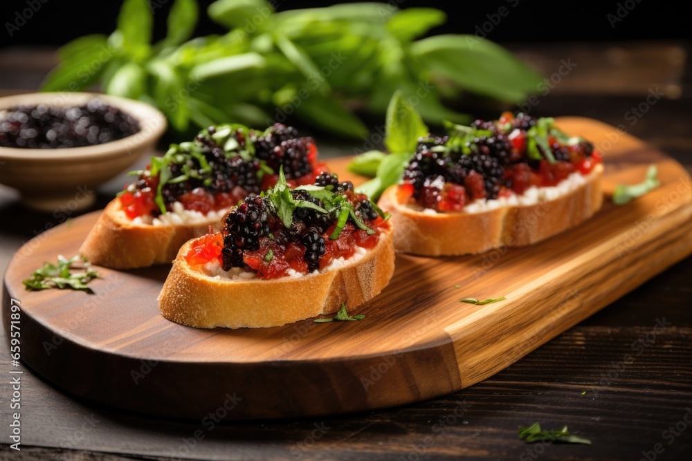 bruschetta with crushed blackberries on a rustic wooden board bruschetta with crushed blackberries on a rustic wooden board